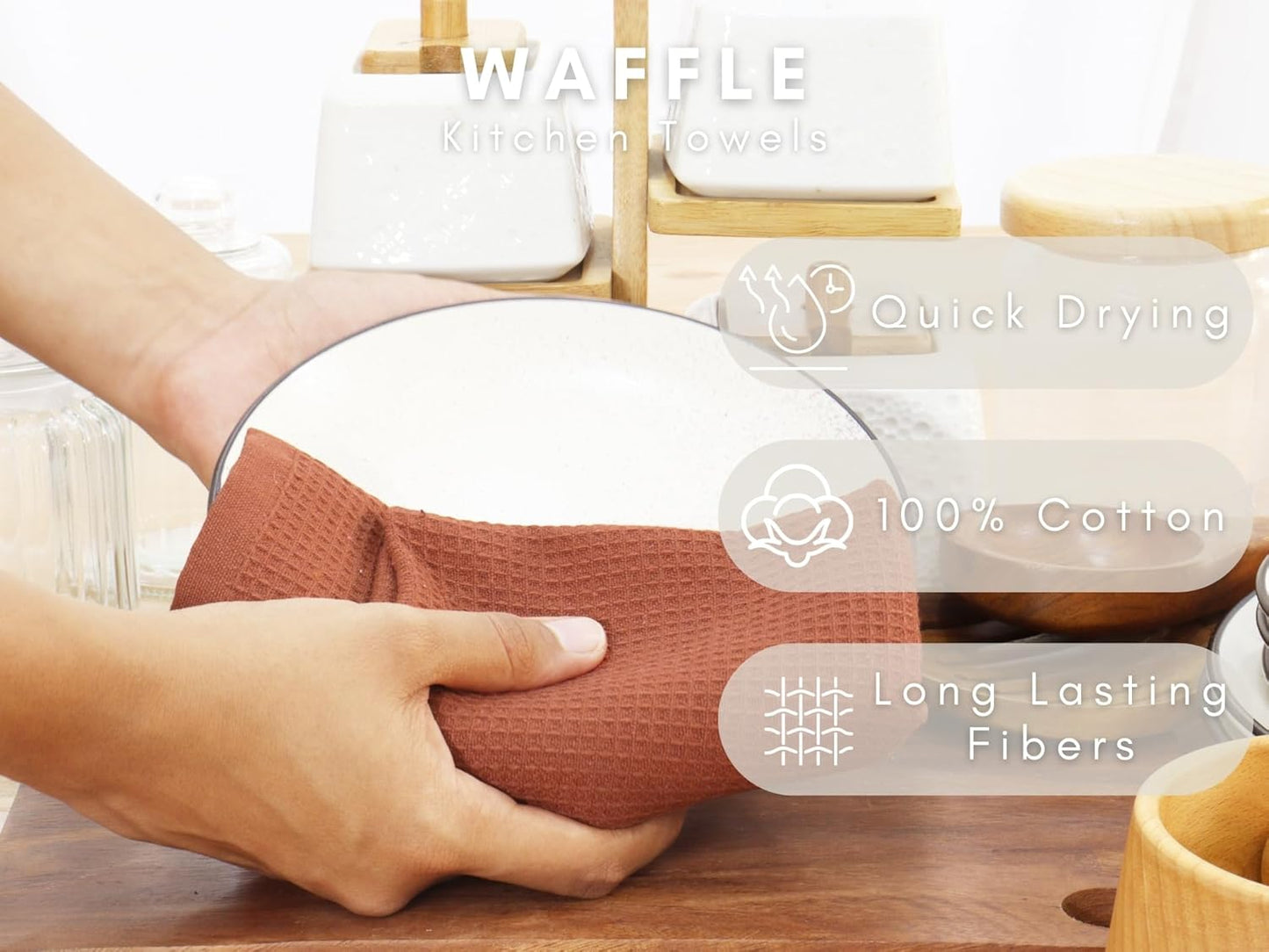 PurpleEssences Rust Waffle Weave Kitchen Towel, 100% Cotton - 15 x 25 Inches, with Hanging Loop Ultra Soft Absorbent Quick Drying Dish Cloth, Tea and Hand Towels, 4 Pack - Spring Summer - Rust