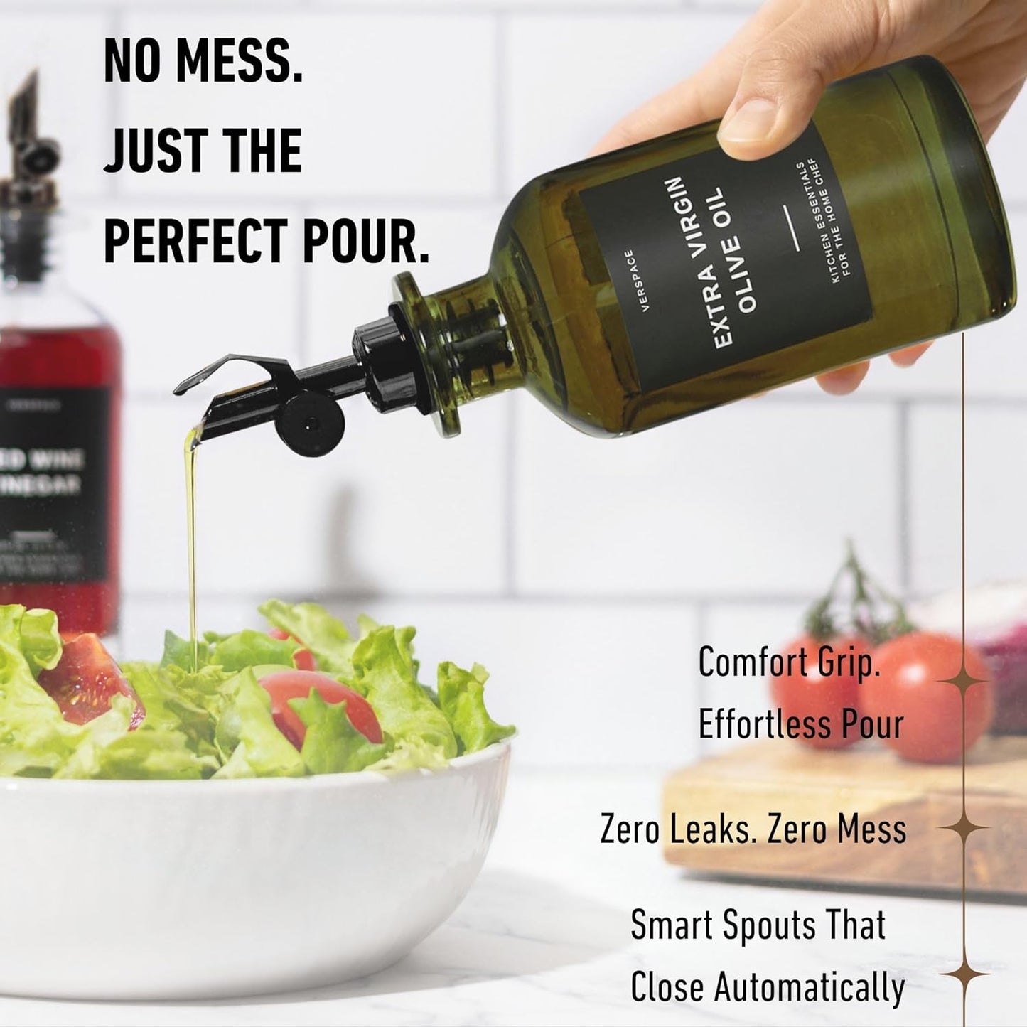 Green Glass Olive Oil Dispenser Bottle For Kitchen By Verpsace,Avocado Oil Dispenser Set, Modern Decor, Gold Kitchen Accessories for Home, Airbnb, Cafe (Black, Set of 2)