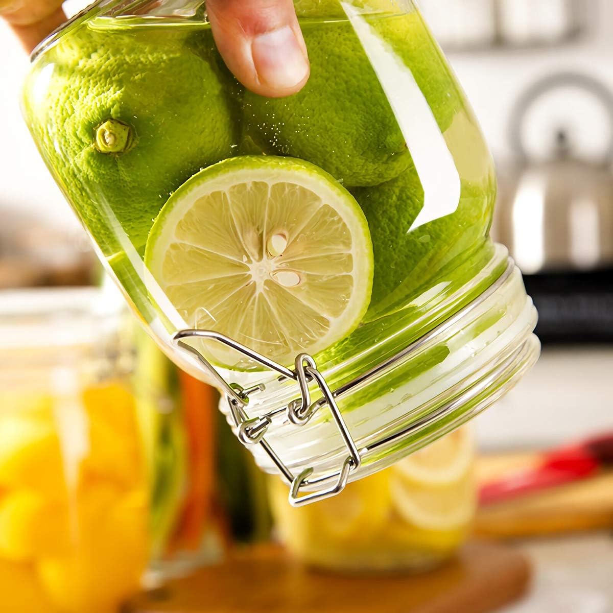 Kingrol 4 Pack 34 Ounces Glass Jars, Wide Mouth Storage Canister Jars with Bail and Trigger Clamp Lids for Pickling, Preserving, Canning, Dry Food Storage