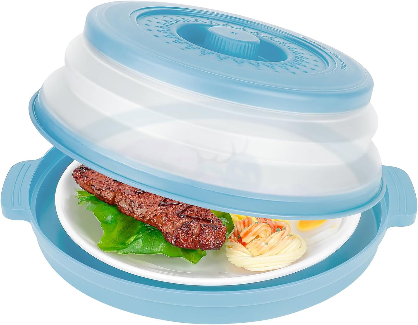 10.7 Inch Microwave Food Cover with Heat Insulation Mat, Anti-Scald Collapsible Microwave Splatter Cover, Multi-Functional as Colander & Fruit Plate, Dishwasher Safe, Ideal for Meal Prep (Blue)