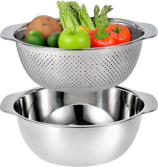 Versatile 3.5 Quart Kitchen Colander Set with Handle, Micro-Perforated Strainer for Pasta, Rice, Vegetables, Fruits, Heated 18/10 Stainless Steel Mixing Bowl for Salad, Cooking, Baking