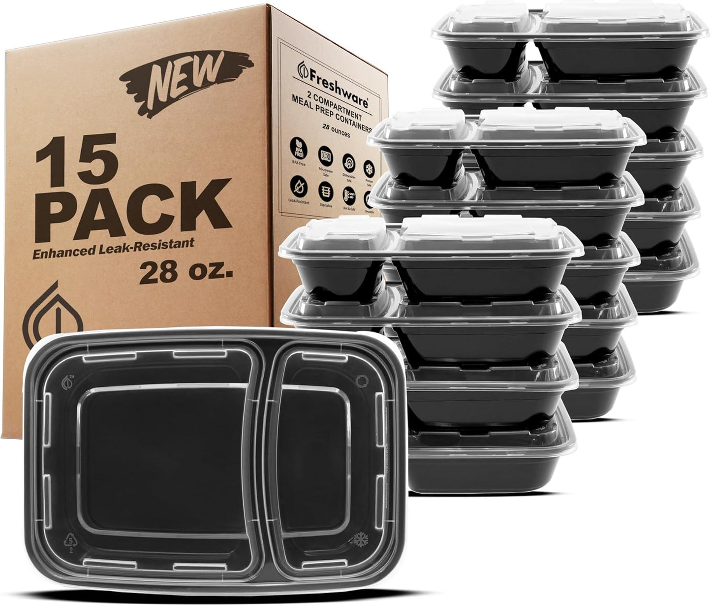 Freshware Meal Prep Containers [15 Pack] 2 Compartment with Lids, Food Storage Containers, Bento Box, BPA Free, Stackable, Microwave/Dishwasher/Freezer Safe (28 oz), Black