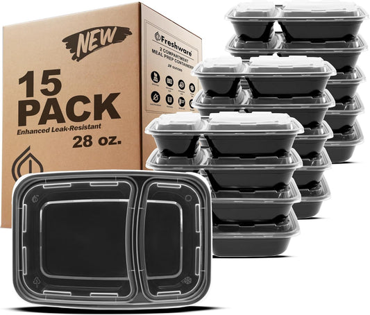Freshware Meal Prep Containers [15 Pack] 2 Compartment with Lids, Food Storage Containers, Bento Box, BPA Free, Stackable, Microwave/Dishwasher/Freezer Safe (28 oz), Black