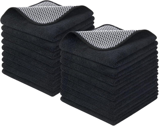 KinHwa Kitchen Washcloths for Dishes Absorbent Microfiber Dish Cloths Quick Dry Dish Rags with Poly Scour Scrub Side Ideal for Kitchen Cleaning (Black, 12inchx12inch 18 Pack)