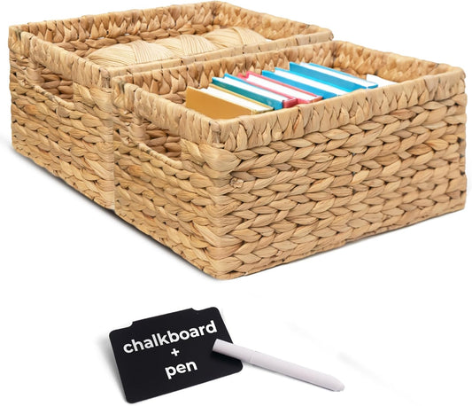 KOKODO Pack of 2 Medium Rectangular Water Hyacinth Wicker Storage Baskets with Handles and Metal Frame, Stylish and Durable Handwoven Bin for Space-saving Room Organizing or Decorative Wicker Basket