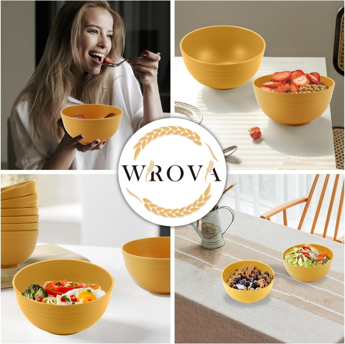 Wheat Straw Bowl Set of 8, Unbreakable Cereal Bowls 26 OZ,Freezer and Dishwasher Safe Bowl Sets,Breakfast Bowls suitable for cereal,salad,snack and soup (Yellow)