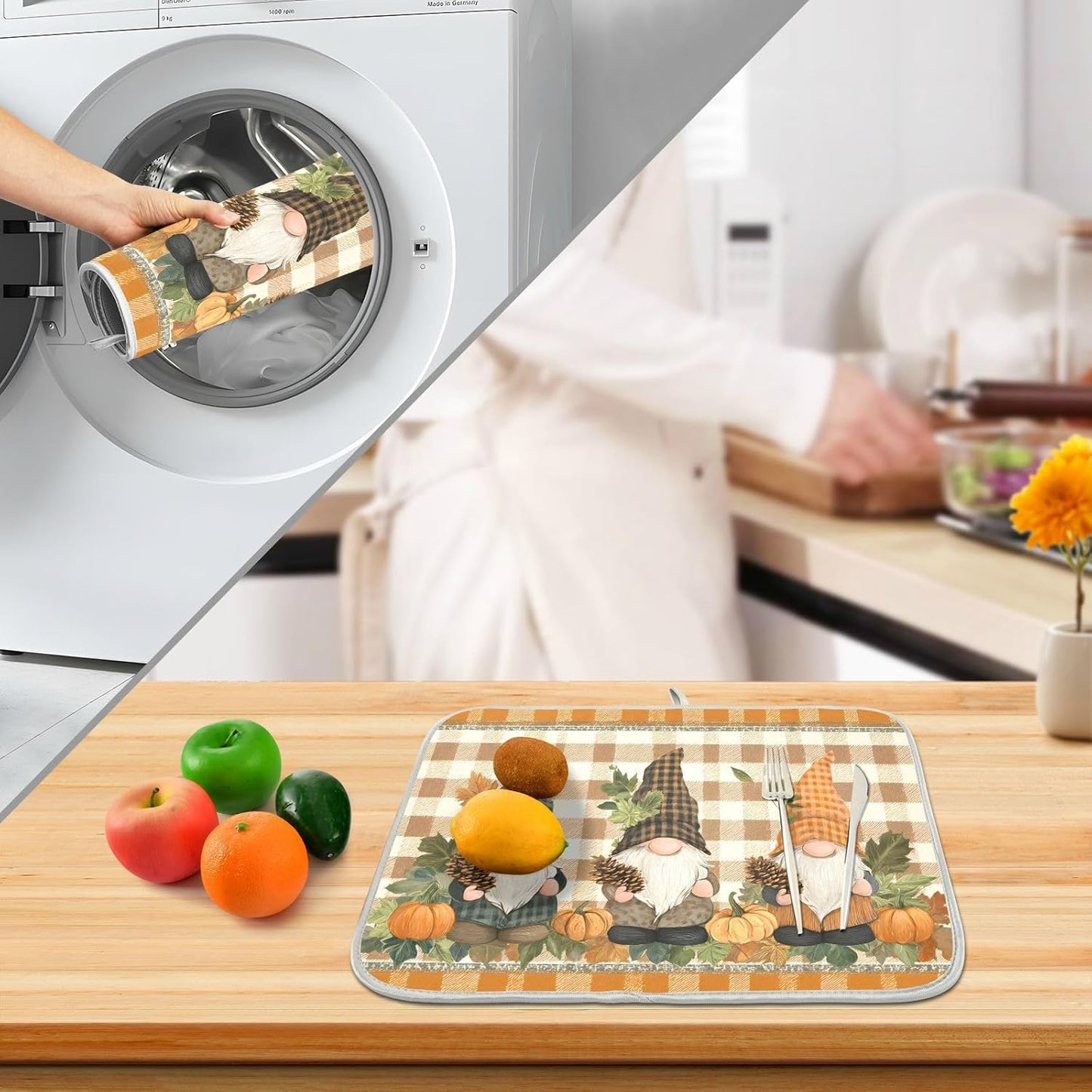 Fall Pumpkin Gnomes Maple Leaves Autumn2 Dish Drying Mat for Kitchen Counter Absorbent Microfiber Small Drying Pad Dish mats for Kitchen Countertops 16 x 18 Inch