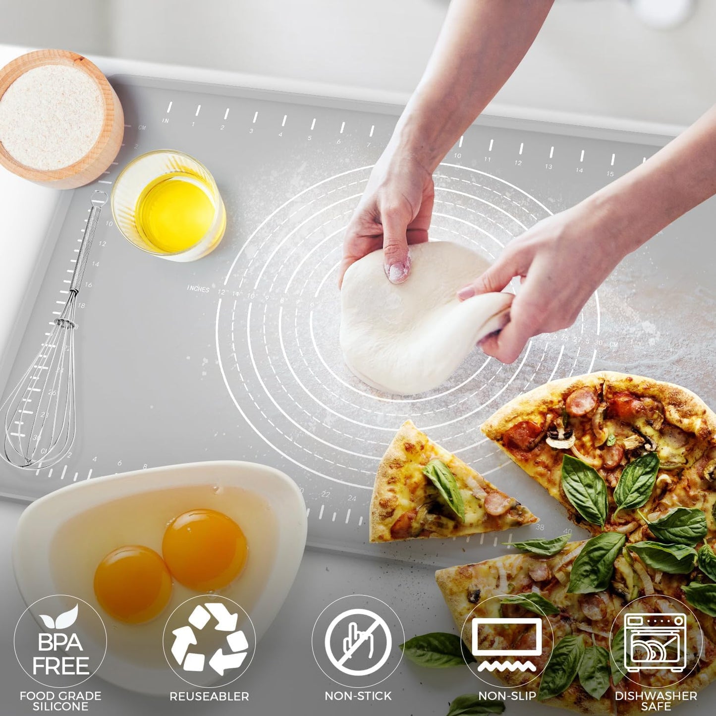 Silicone Baking Mat 24" x 16", Extra Thick Dough Rolling Mat with Measurements and Edge Heightening, Non-stick Food Grade Silicone Pastry Mat for for Pastry, Bread, Cookies, Pizza, Fondant, Pasta