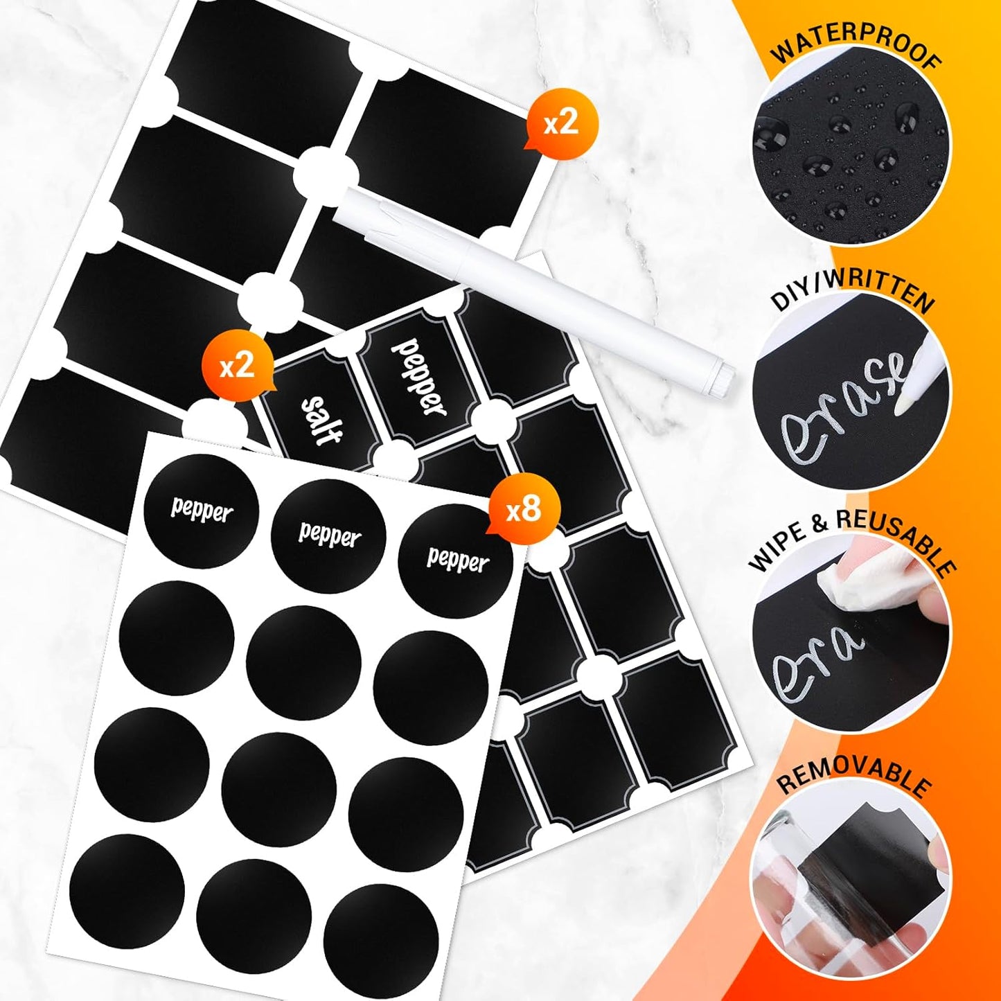 Segarty Spice Jars Set, 3 Pack 6 oz Glass Spice Jar with Labels, Seasoning Bottles Set with 136 Blank Stickers, 1 Chalk Marker, 1 Brush, Salt and Pepper Shakers with Ajustable Holes Lids