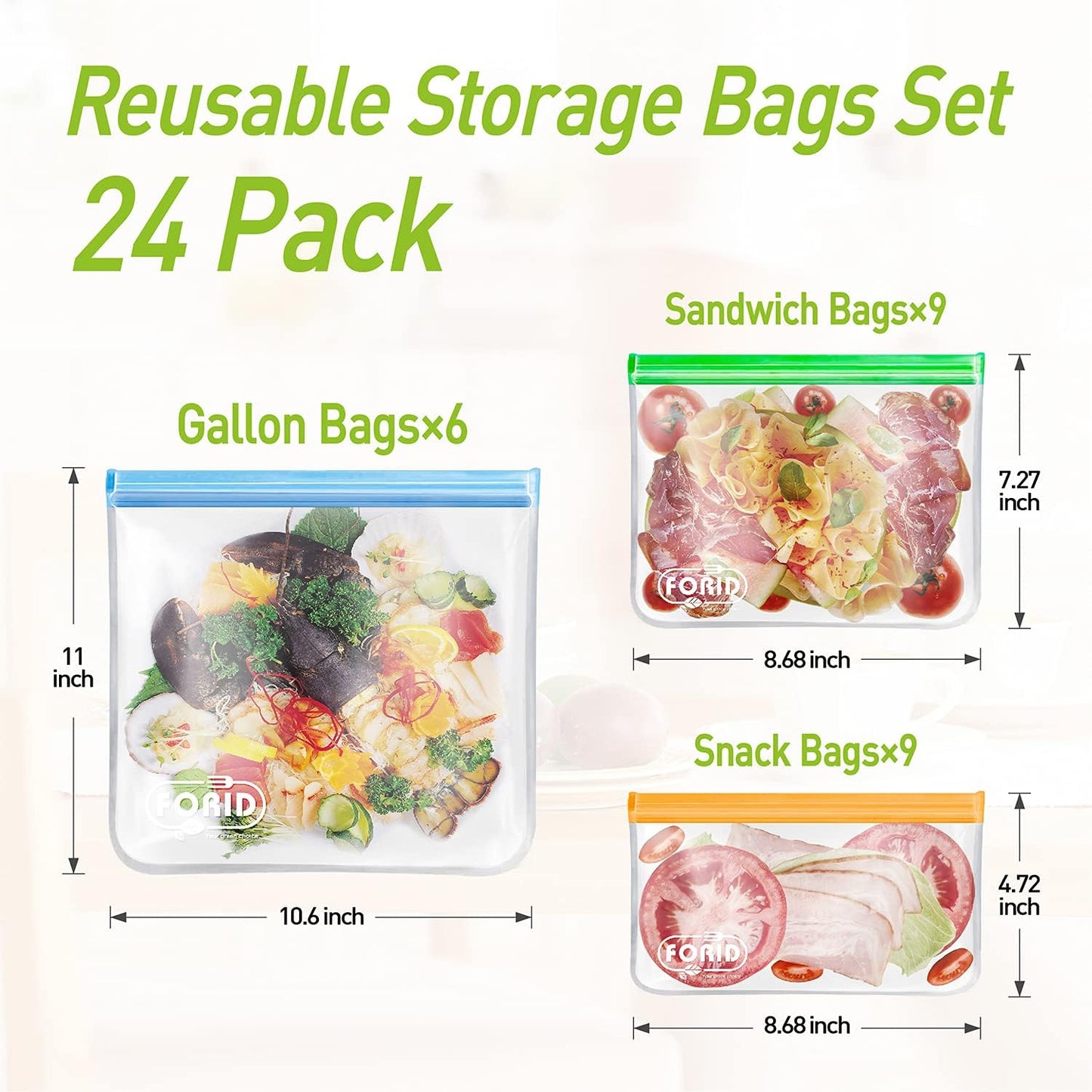 FORID 24 Pack Reusable Food Storage Bags, Silicone Gallon Freezer Bags, Sandwich Snack Resealable Lunch Bags, Extra Thick Leakproof for Marinate Food, Fruit Cereal Travel Items Home Kitchen
