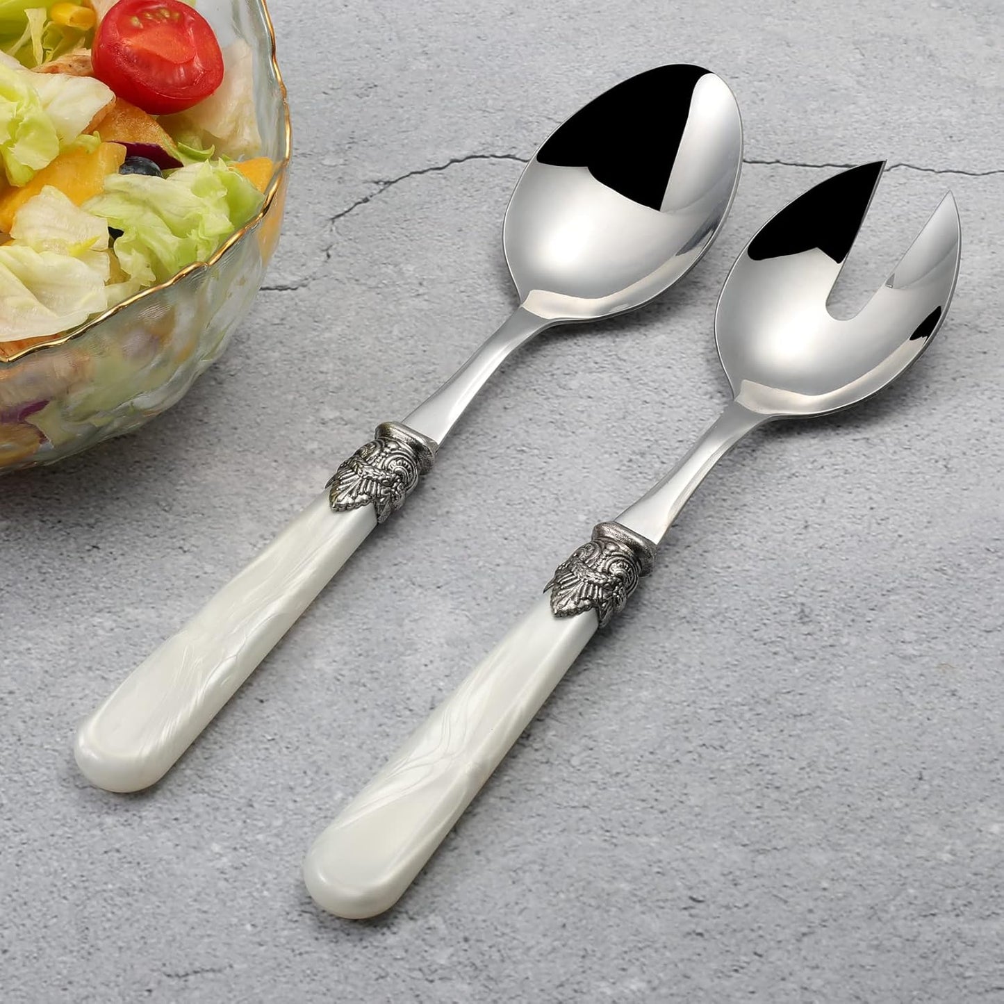 2-piece Salad Servers Stainless Steel Salad Serving Set Salad Fork and Spoon (White)