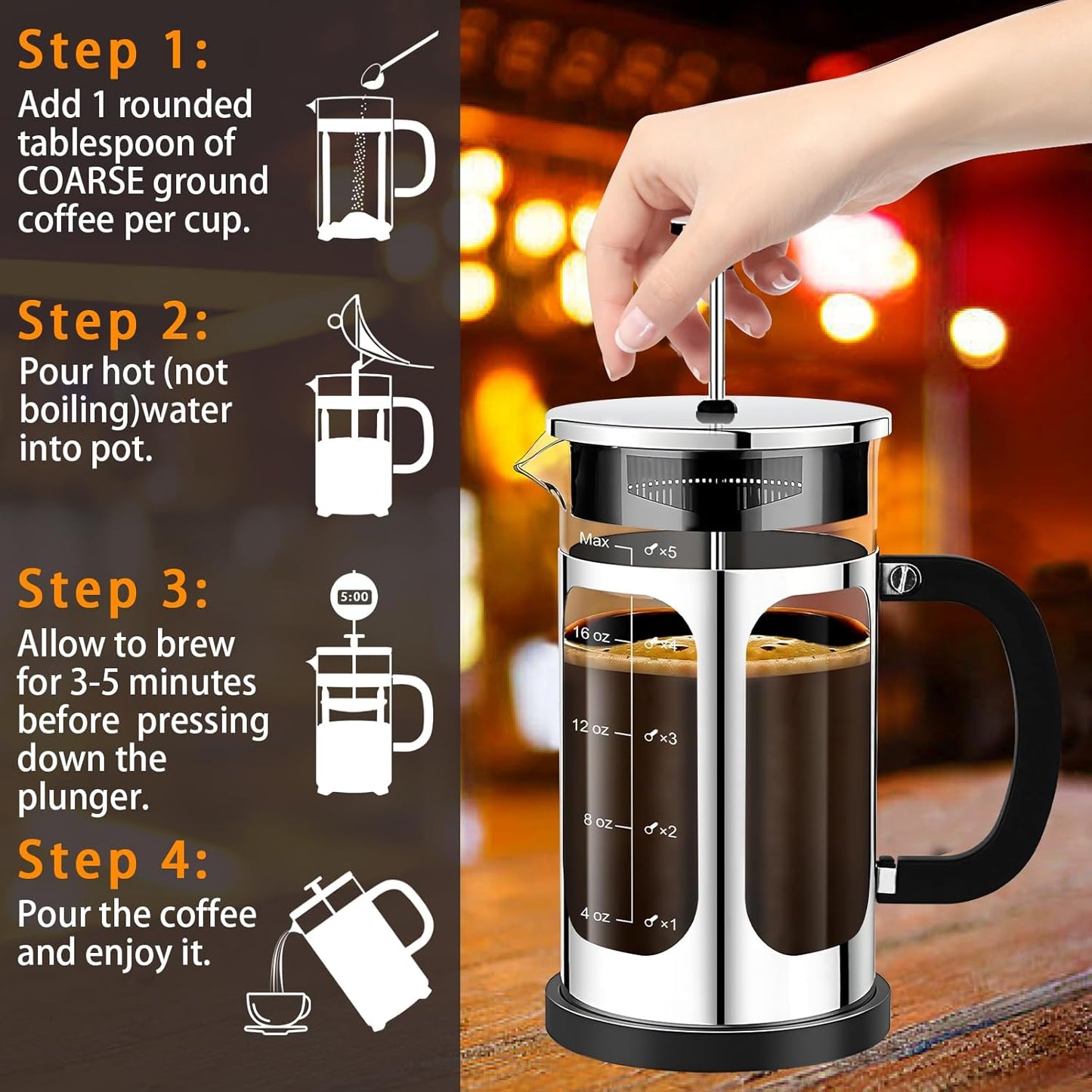 French Press Coffee Maker (21oz 600ML 3-4Cup) Coffee Press, with 4 Filters System, Heat Resistant Thickness Borosilicate Glass, Cold Brew Coffee Tea Pot Gifts (Silvery)