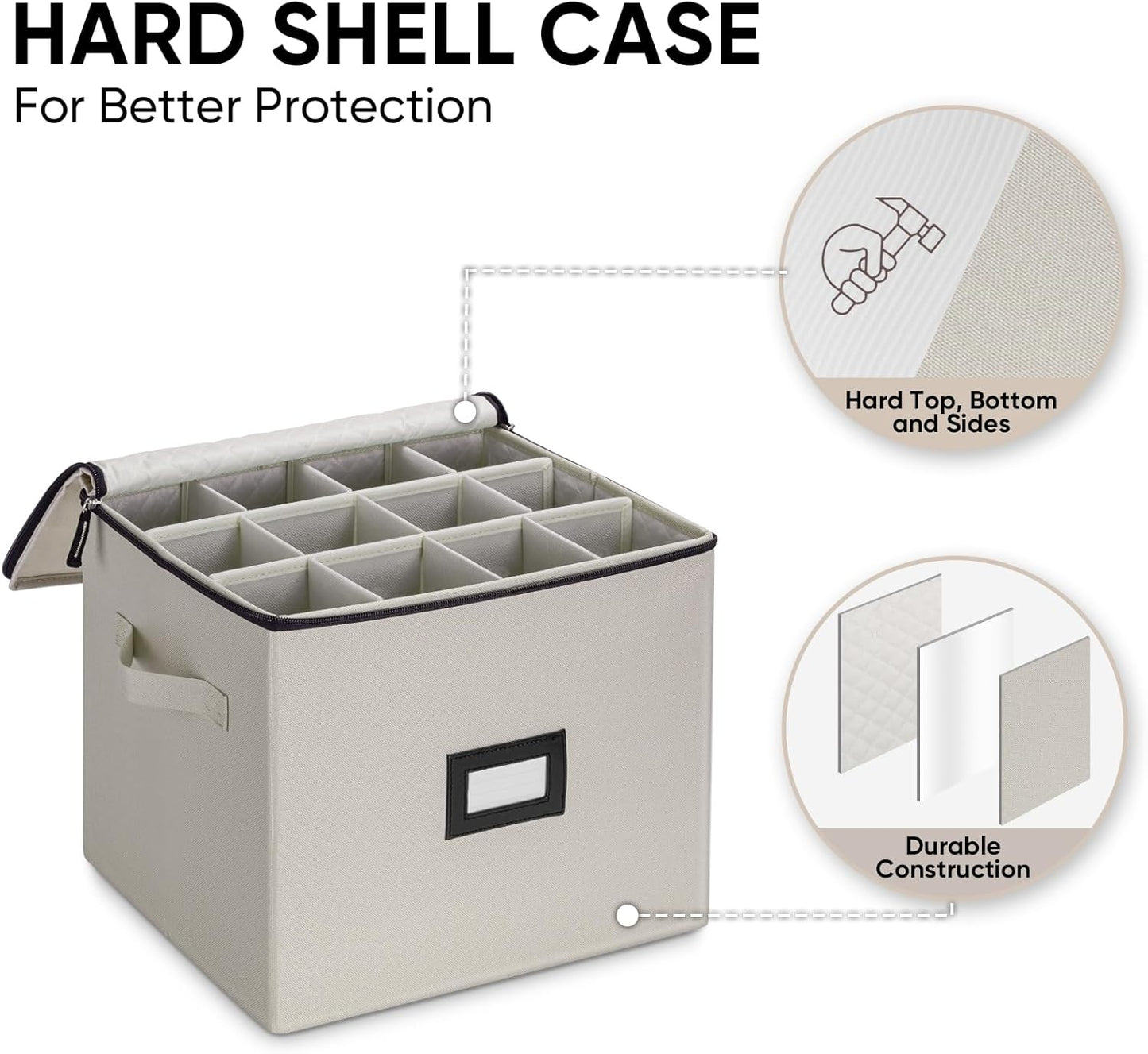 BALEINE China Storage Containers, Sturdy Quilted Wine Glass Storage, Plate Organizer with Carry Handles, Moving Boxes for Dishes, Cups, Mugs and Stemware (Champagne Flute, Hard Shell Cream)