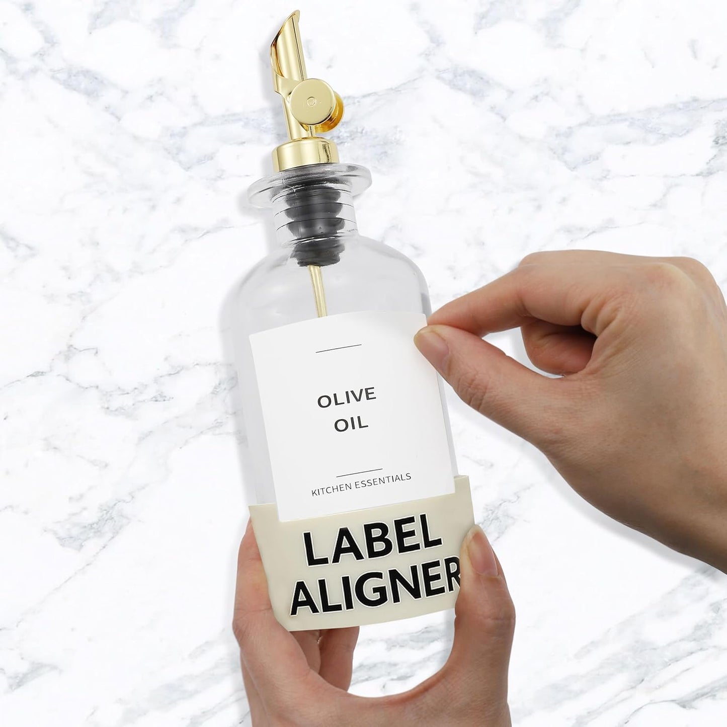 Olive Oil Dispenser Bottle - Includes 55 Kitchen Essential Labels - Cooking Oil Bottles for Kitchen, Coffee Syrup Dispenser - Pourer Spout with 11.8 fl oz Glass Container Cruet - 2pcs, Gold