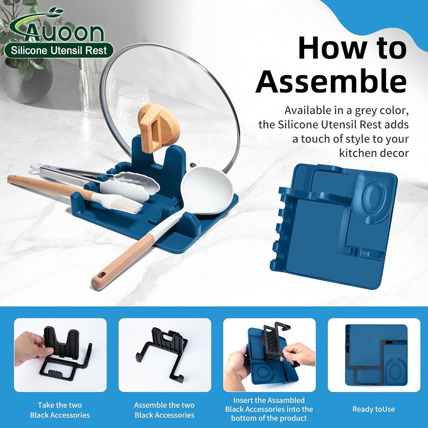 AUOON Spoon Rest for Stove Top - Silicone Utensil Rest with Drip Pad for Kitchen Counter | Practical Kitchen Gadgets for Cooking | Dishwasher Safe (Fog Blue, Large)