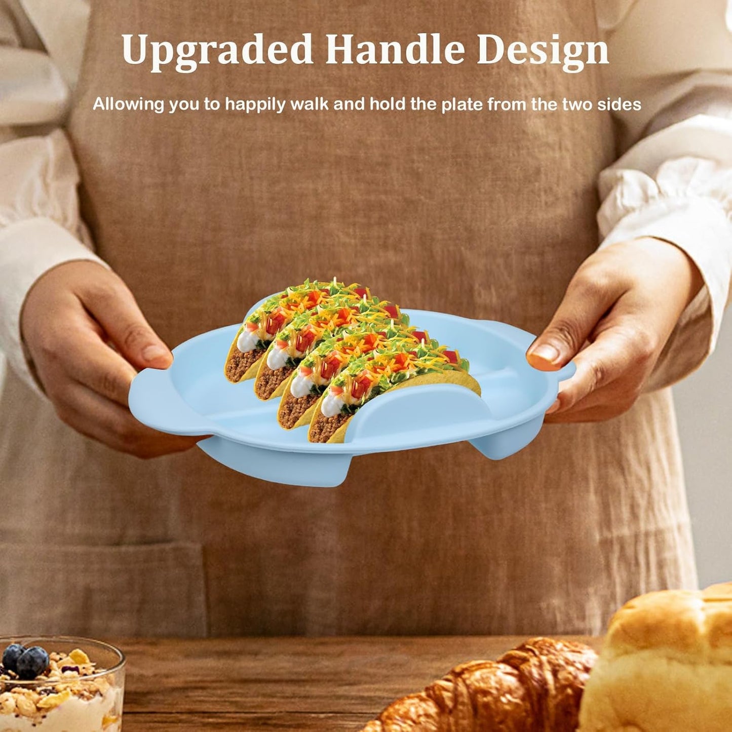 Silicone Taco Holder Plates, BicycleStore 2 Pack Taco Serving Tray with Handle, 11.8"X9.8" Non-Slip Taco Shell Holders Stand Rack with Dividers, Reusable Taco Bar Supplies Dishwasher & Microwave Safe