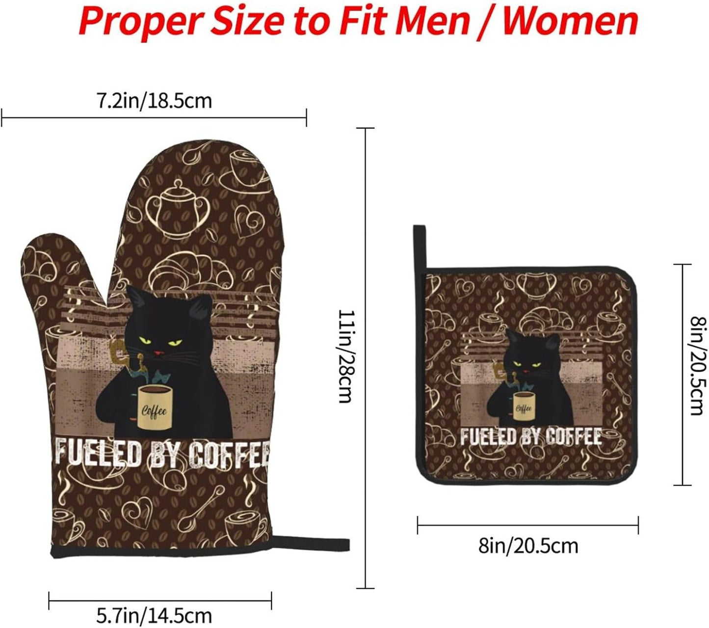 Vintage Cat Oven Mitts and Pot Holders Sets of 3 Retro Coffee Hot Pads Oven Gloves Heat Resistant Non Slip Washable for Kitchen Cooking Grilling Baking