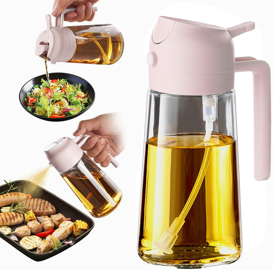 TrendPlain 16oz/470ml Glass Olive Oil Sprayer for Cooking - 2 in 1 Olive Oil Dispenser for Kitchen Gadgets, Air Fryer, Salad, and BBQ - Peach