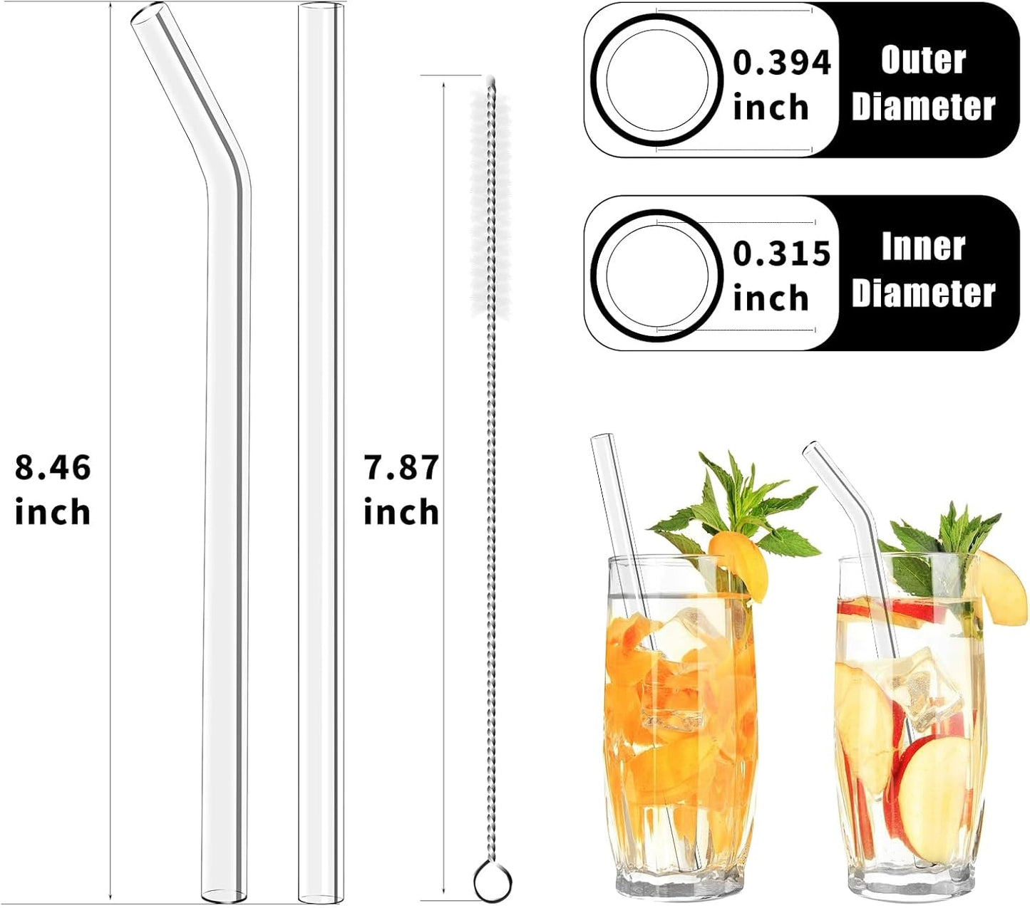 Lazycorner Reusable Glass Straws Set 16 Pcs 8.5''x 10MM Bent Straight Clear Glass Drinking Straws Set of 8 Straight and 8 Bent with 4 Cleaning Brushes Perfect For Smoothies, Tea, Juice-Clear Cocktail.