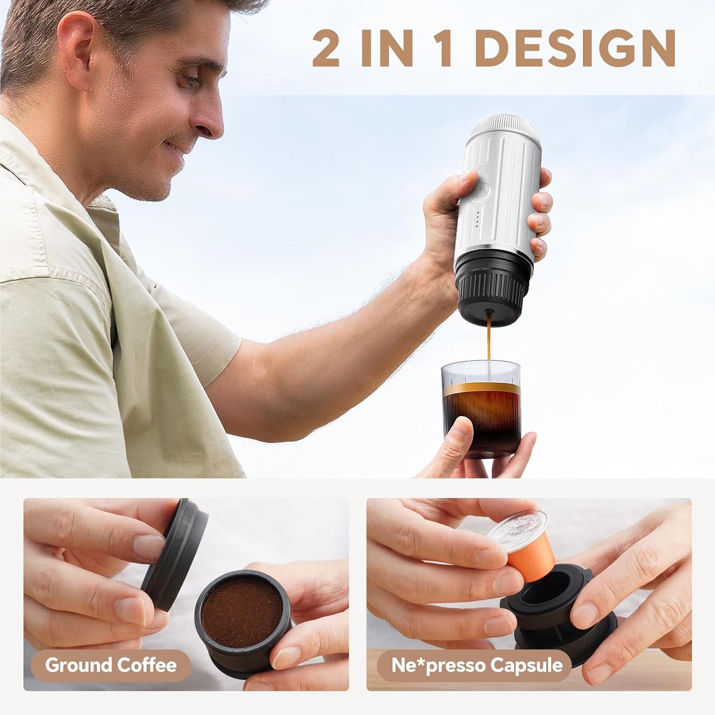 Rich Crema Portable Electric Espresso Coffee Maker, Fast self-heating 2 IN 1 Extraction System Espresso Machine, Support Ground Coffee and NS capsule, for Travel、Car、Hiking、Climbing（White）
