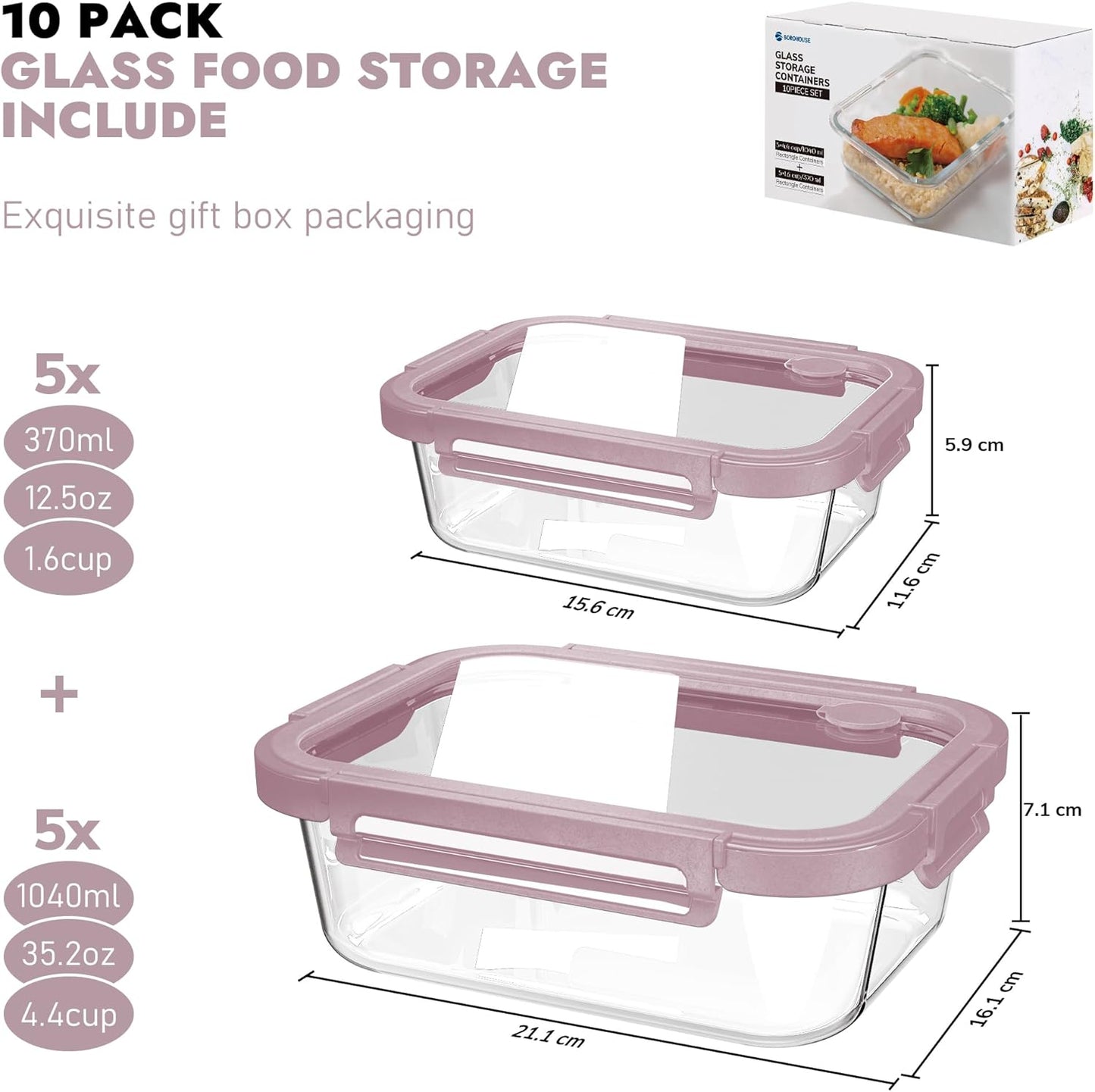 10-Pack Glass Food Storage Containers with Tempered Lids – Borosilicate, Airtight, Oven-Safe (-4°F~950°F), BPA-Free, 4.4 & 1.6 Cup, Leak-Proof, Dishwasher Safe (Pink)