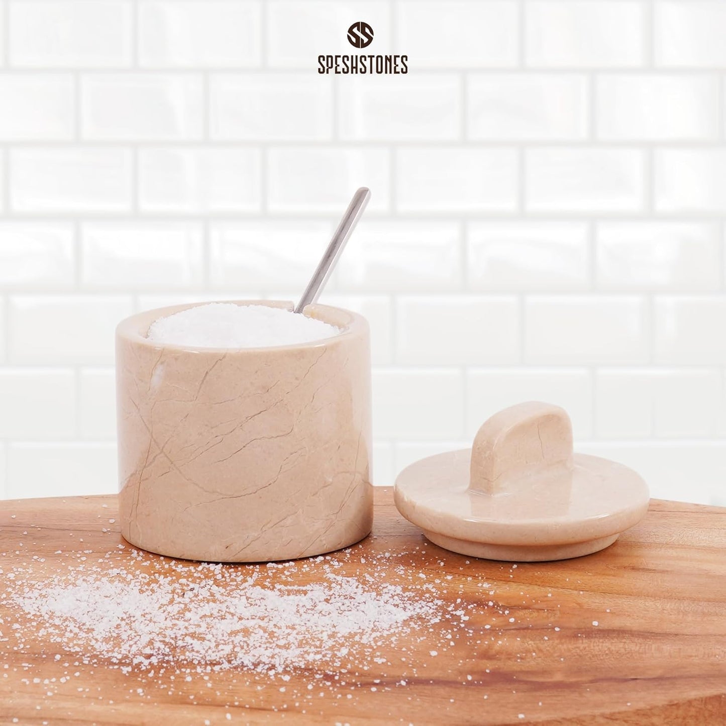 Marble Salt Cellar with Lid and Spoon 4 Inch Verona Handmade Spice Jars for Kitchen Storage - Flaky Salt Holder, Decorative Sugar Bowl & Small Seasoning Containers for Countertop Decor