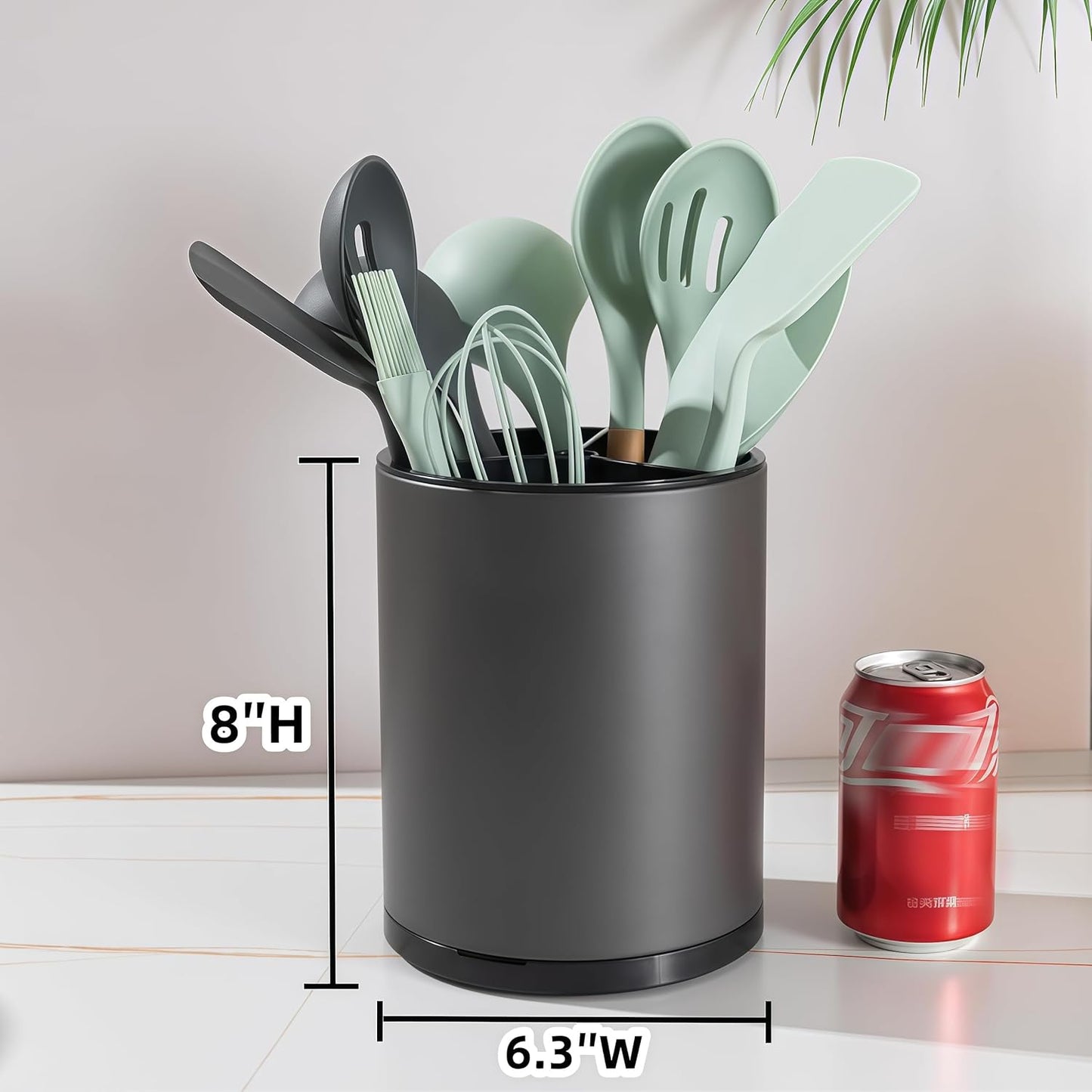 Kitchen Utensil Holder Extra Large 360°Rotating For Counter Organizer Stainless Steel Storage Cooking Silverware Caddy 3 Compartment Flatware Spoon Spatula Tool Cutlery Container(Grey)