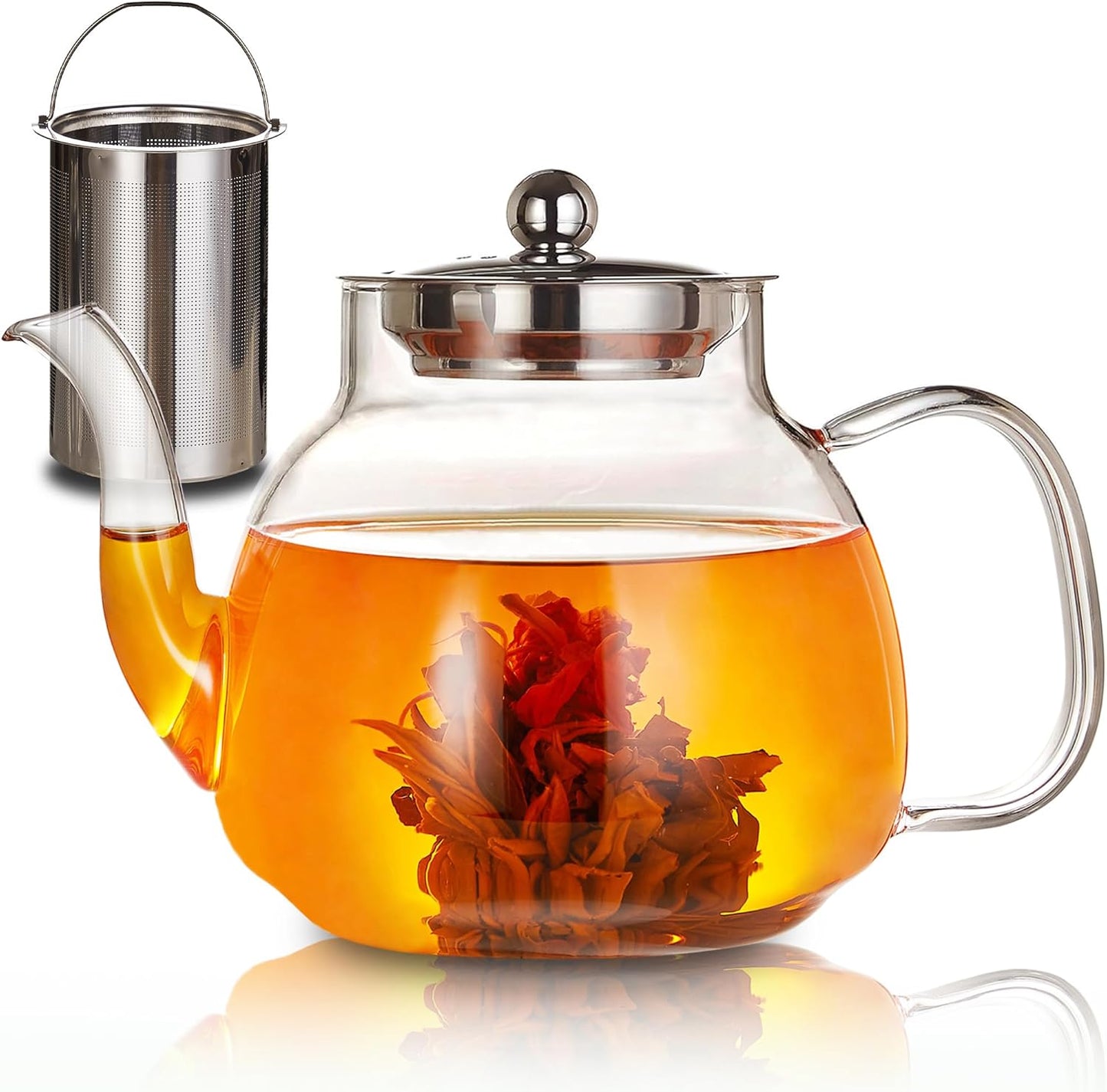 Glass Teapot with Removable Infuser - 37oz/1100ml Borosilicate Glass, Stovetop & Microwave Safe for Blooming & Loose Leaf Tea, Handmade Tea Maker Gift