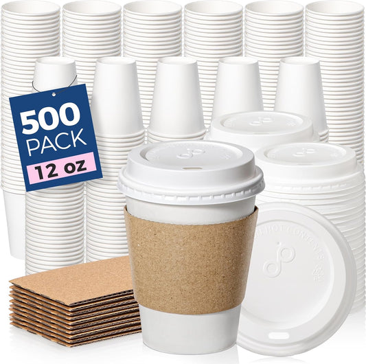 Fit Meal Prep 500 Pack 12 oz Disposable Coffee Cups with Lids, Sleeves, Leak-Proof To Go Coffee Cups with Lids, Durable Hot Paper Cups for Home, Office, Party, Business