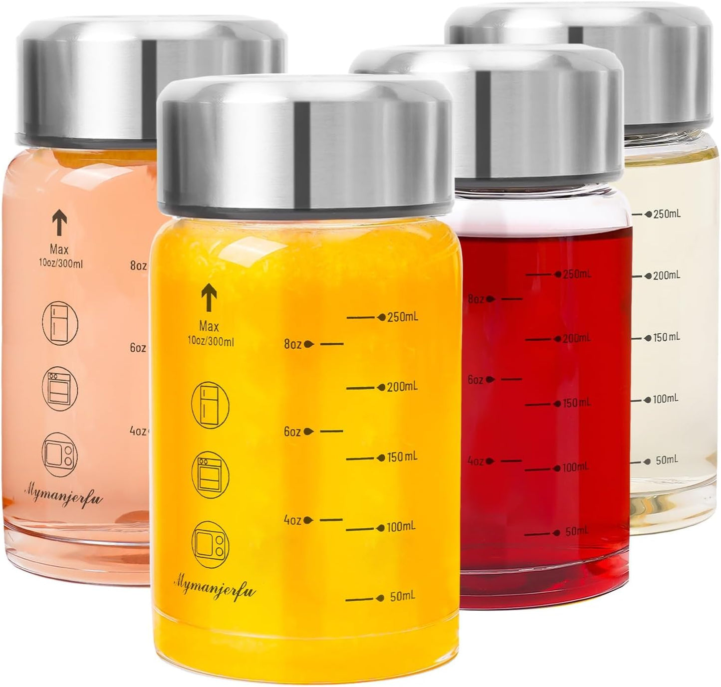 Glass Juice Bottles 4 Pack 10 oz - Wide Mouth Glass Water Bottles with Lids - for Juicing, Smoothies, Milk, Protein, BPA Free, Reusable, Stainless Steel Lids, Leak Proof, Shaker bottle [10oz/300ml]