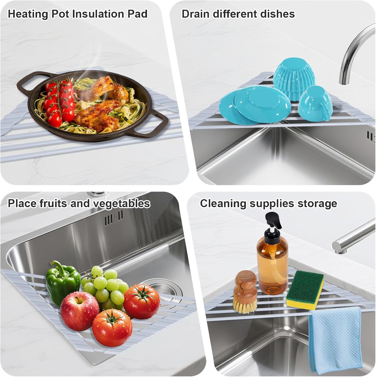 Triangular Sink Rack, Multi-Functional Rack Above The countertop, Foldable Sink Drying mat, Heat-Resistant, Non-Slip, and Rust-Proof Dish Rack (Gray)