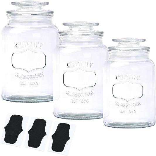 WHOLE HOUSEWARES Glass Canisters with Airtight Lids Set of 3 - Glass Storage Jars for Candy, Cookie, Flour, Sugar, Coffee - Sealed Food Storage for Pantry - Clear Containers for Kitchen Counter