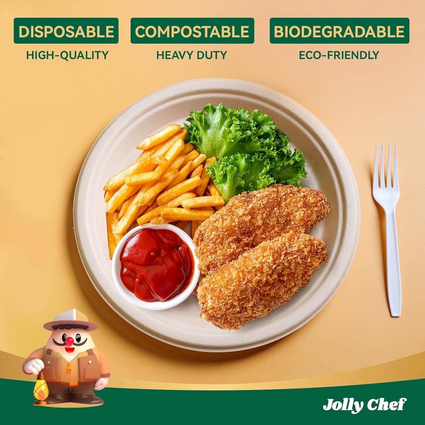 JOLLY CHEF Compostable Heavy Duty Plates 𝟭𝟬 𝗜𝗻𝗰𝗵 [𝟭𝟮𝟱 𝗣𝗮𝗰𝗸] Eco-Friendly Disposable Paper Plates Made of Bagasse Biodegradable Bulk for Party Dinner Sugarcane Fibers Round (Natural)