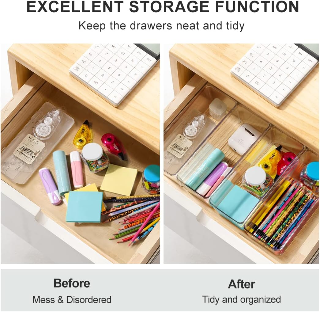 Hudgan 8 Pack Clear Plastic Drawer Organizers Set, Stackable Deep Drawer Organizer for Makeup Vanity and Desk, 2 Sizes Tall Bathroom Drawer Organizer