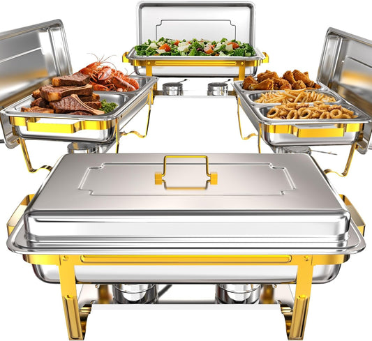 9Qt Chafing Dishes for Buffet 4 Pack [Multiple Size Food Pans] | Chafing Dish Buffet Set [Screw-free Installation] with Stackable Design [Less Storage Space] for Wedding/Party