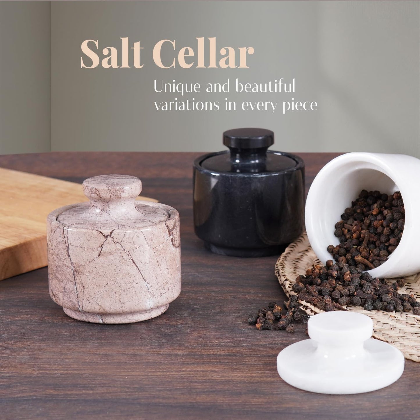 Marble Salt Cellar with Lid 3" Marinara Stone Salt Holder for Counter, Spice Jar, Salt Box, & Stone Salt Container, Salt & Spice Jar
