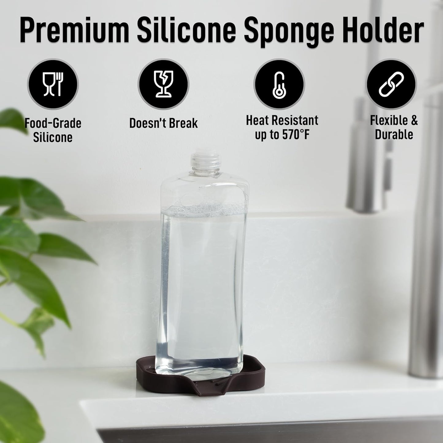 Zulay Kitchen Small Silicone Sponge Holder (4.9x3.3”) – Space-Saving Sink Organizer Tray for Sponge, Soap, Brush & More – Compact Non-Slip Dish for Kitchen & Bathroom (Chocolate)