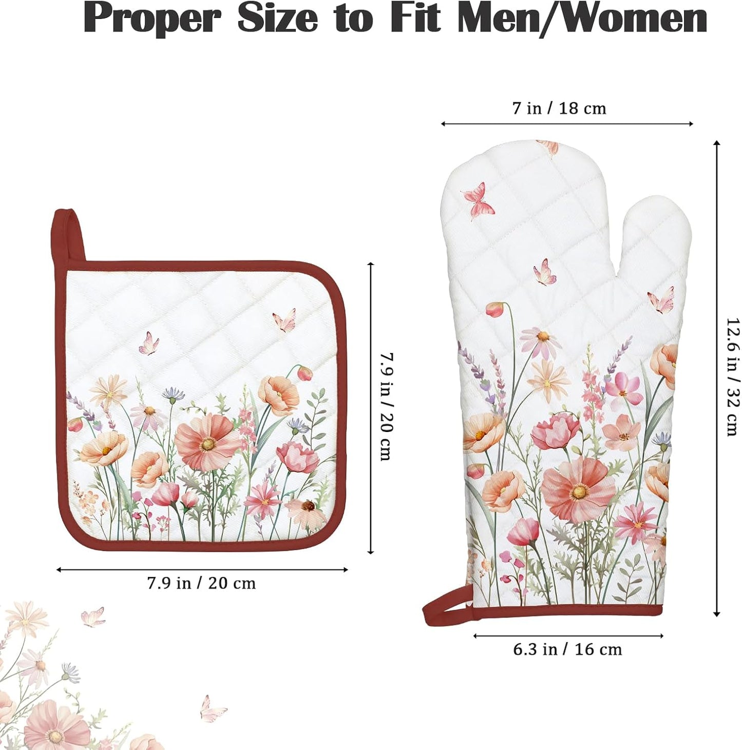 Pink Floral Oven Mitts and Pot Holders Sets 2Pcs, 100% Cotton Heat Resistant, Extra Long Oven Gloves Potholder for Kitchen Cooking Baking Decoration