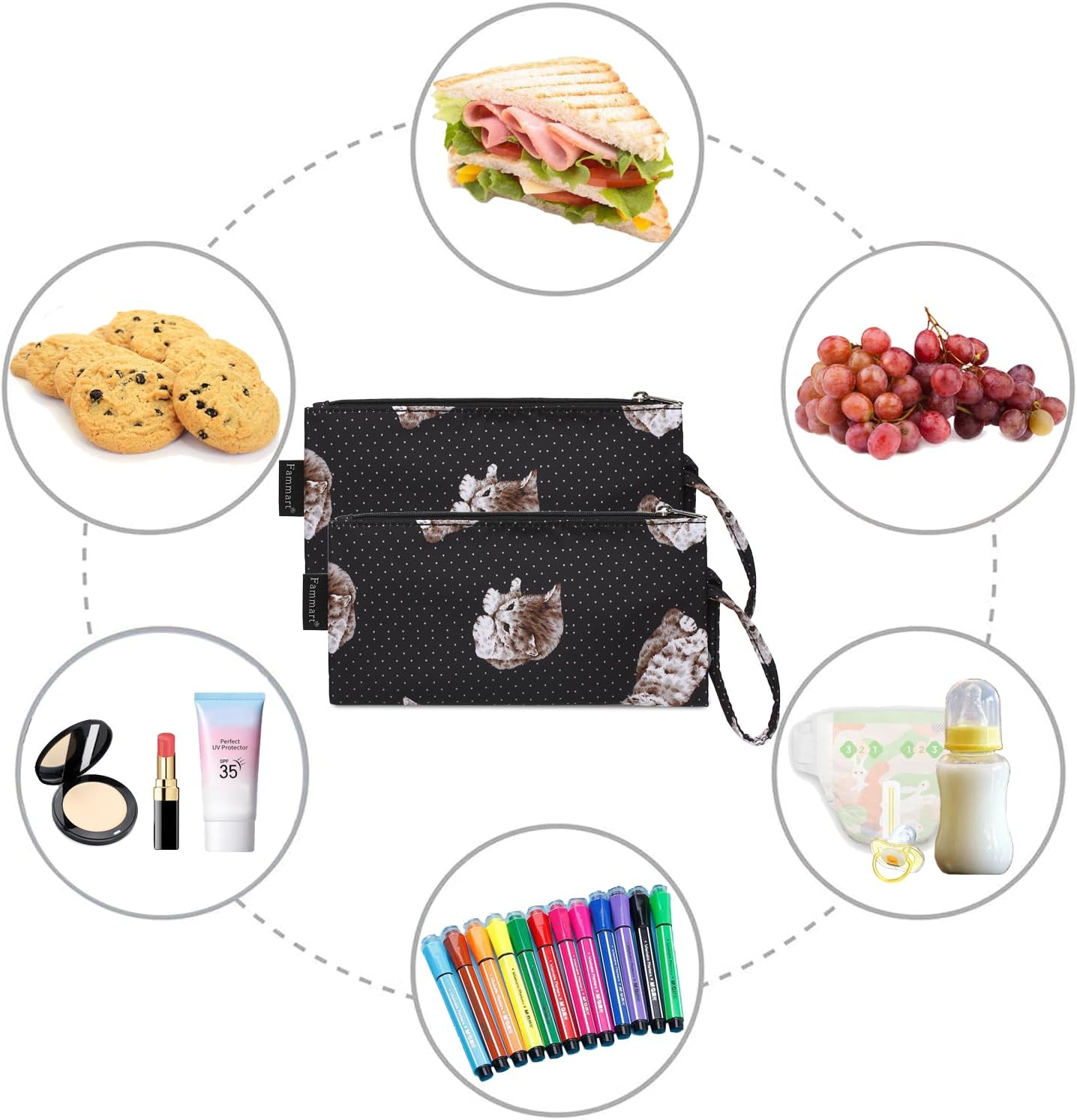 Reusable Sandwich Bag/Snack Bag for Kids & Adults, Dual Layer Lunch Bag with Handle, Washable, Food Safe, BPA Free (2-Pack, Dot&Cat)