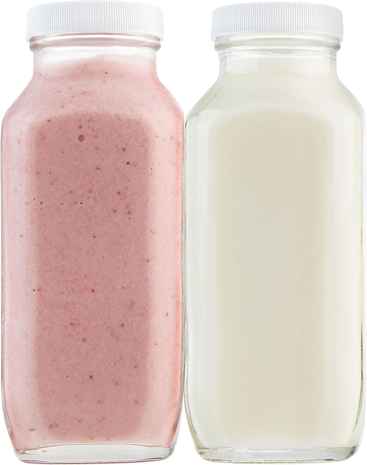 kitchentoolz 16oz Square Glass Milk Bottles with Airtight Plastic Lids – Pack of 4 | Reusable Milk Containers for Fridge & Lunchbox Storage – Ideal for Dairy, Smoothies, Juice, Water & More