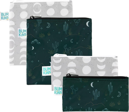 Bumkins - Cloth Snack & Sandwich Bags -For Storage, Travel, Food Prep, Lunch -Reusable, Water Resistant, Washable, Dishwasher Safe -Snack Bags for Kids -Zipper Closure -Desert Dk. Green & Gray -4 Pack