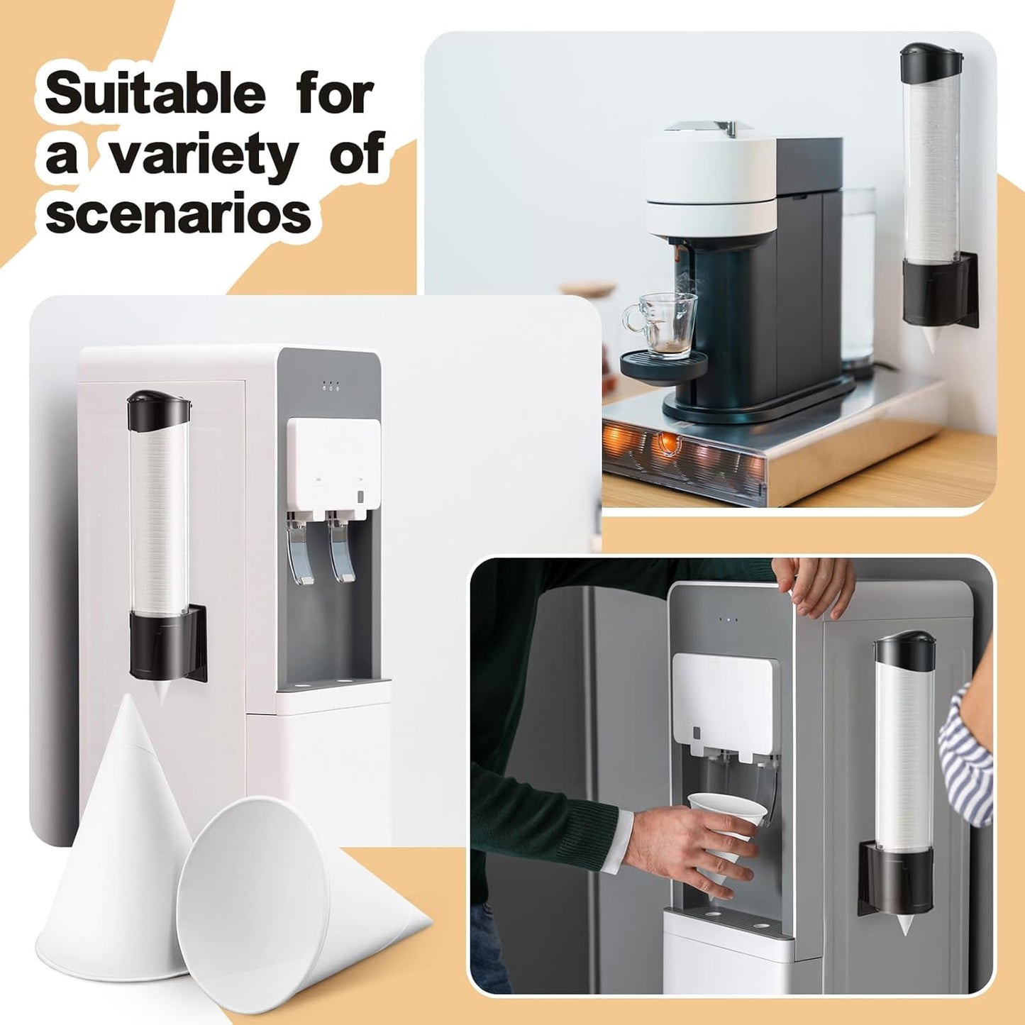 Roshtia 1400 Pcs 4 oz Paper Cone Cups Thicken Disposable with 1 Cups Dispenser Pull Type Wall Mount Cup Holder Paper for Restaurants, Home, and Office, and Shaved Ice, Cold (Black)