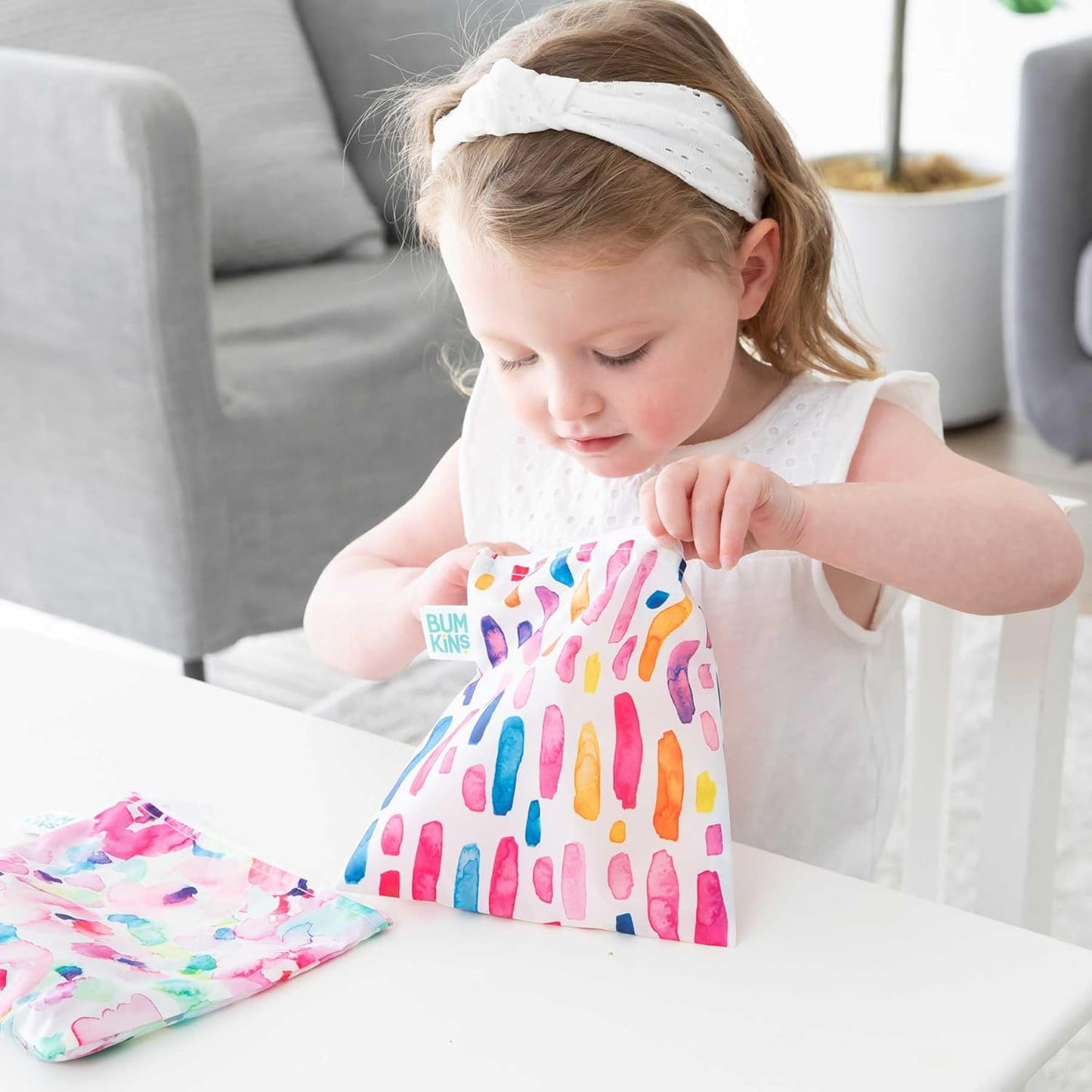 Bumkins - Cloth Snack & Sandwich Bags - For Storage, Travel, Food Prep, Lunch - Reusable, Water Resistant, Dishwasher Safe - Snack Bags for Kids - Zipper Closure - Watercolors & Brushstrokes - 4 Pack