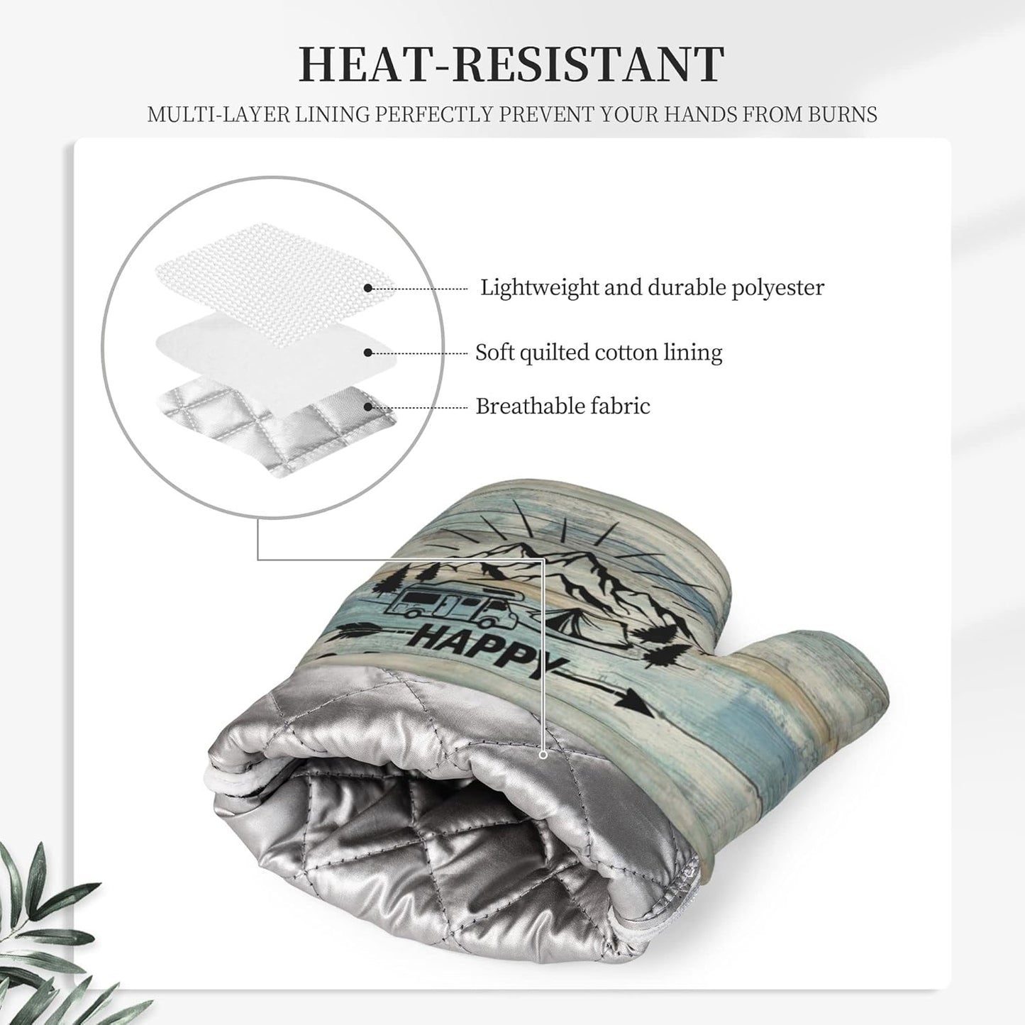 Happy Camper Oven Mitts and Pot Holders Sets of 4,Resistant Hot Pads with Silicone Non-Slip BBQ Gloves for Kitchen,Cooking,Baking,Grilling