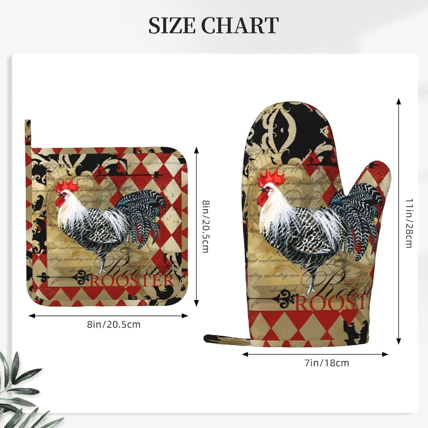 Rooster Print Oven Mitts and Pot Holders Sets Silicone Rooster Kitchen Mitts Potholders Heat Resistant 4Pcs Oven Gloves Hot Pads for Kitchen Baking Cooking BBQ Grilling