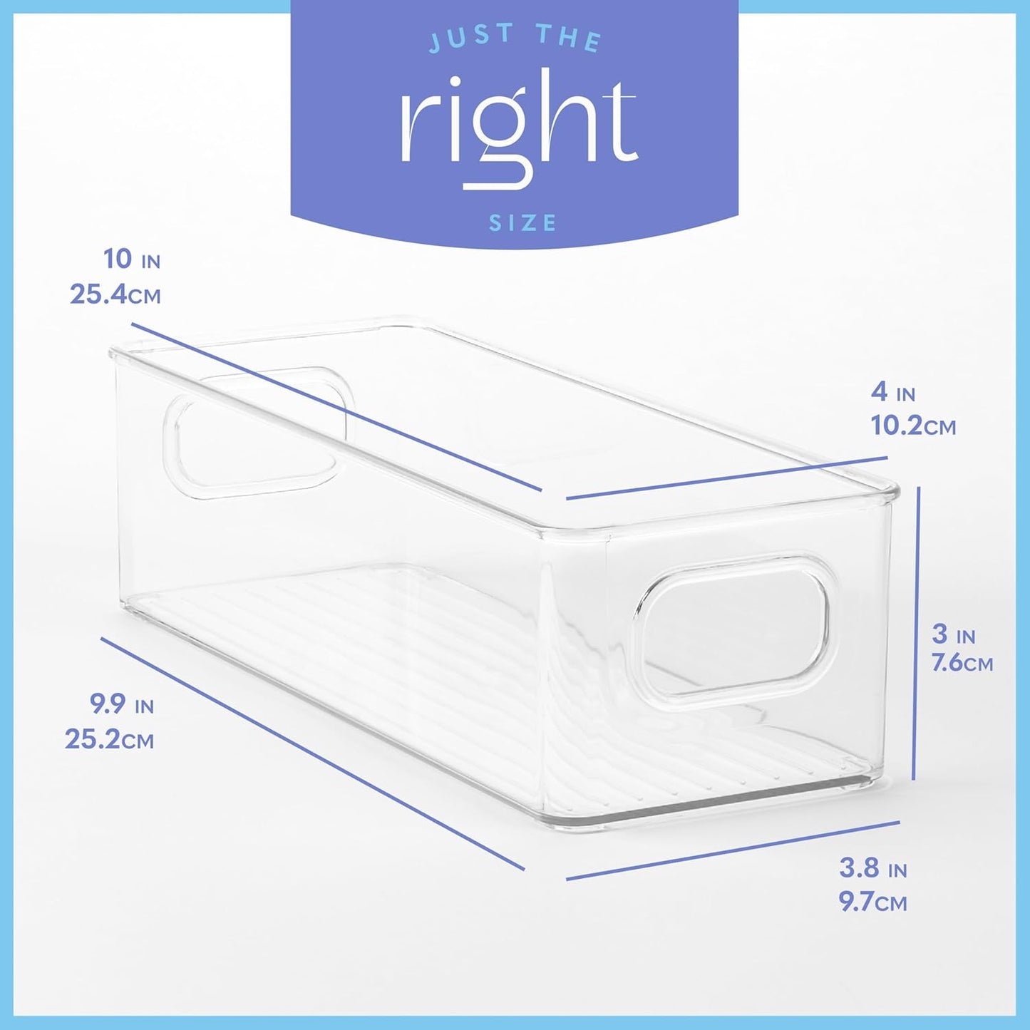 Plastic Food Storage Clear Container 2 Pack Bin with Handles for Organizing Kitchen, Pantry, Refrigerator, Freezer, Pantry, Cabinet, Closet, Bathroom. Stackable 10”x4”x3”