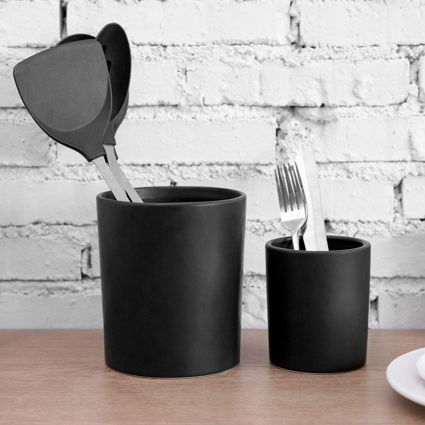 MyGift Set of 2 Black Ceramic Utensil Holder Kitchen Canister Cooking Tools Crock, Large and Small Countertop Silverware Caddy