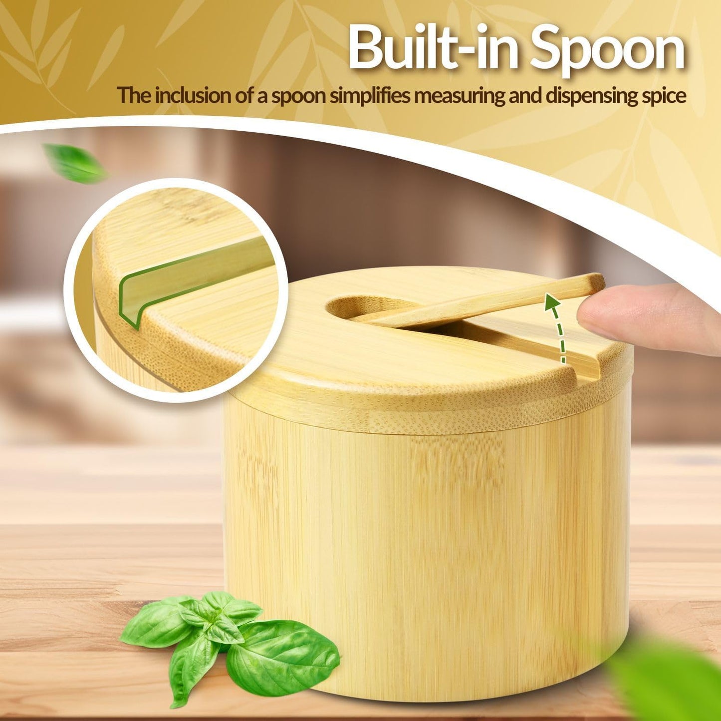 Flexzion Bamboo Salt Cellar with Lid and Spoon - Salt and Pepper Containers for Paprika, Herbs, Spice, Sugar - Bamboo Pepper Jar Storage Box Holder w/Magnetic Swivel Lid for Kitchen, 6 oz (Set of 2)