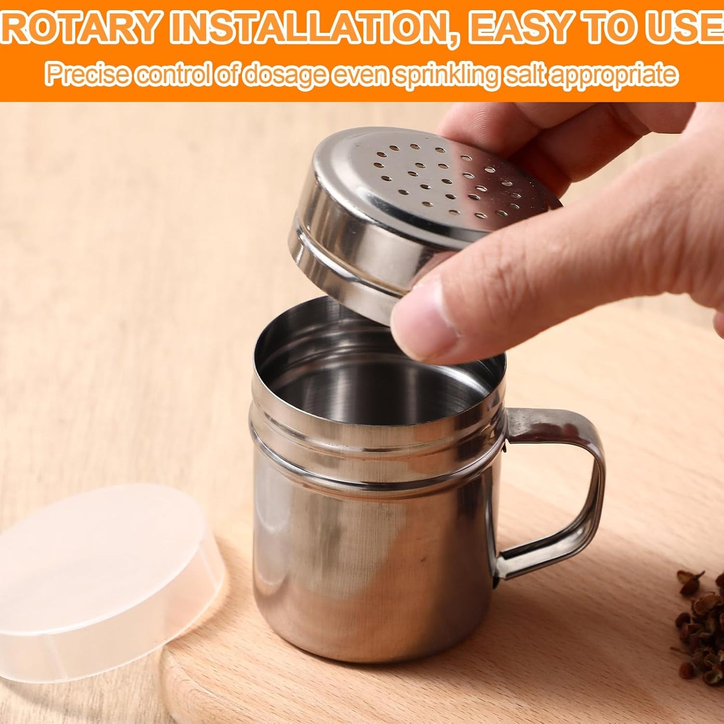 Lallisa 6 Pcs Stainless Steel Salt and Pepper Shakers with Lid and Handle Dredge Spice Seasoning Condiment Popcorn Salt Shaker Powder Sugar Flour for Cooking Kitchen Baking (6oz)