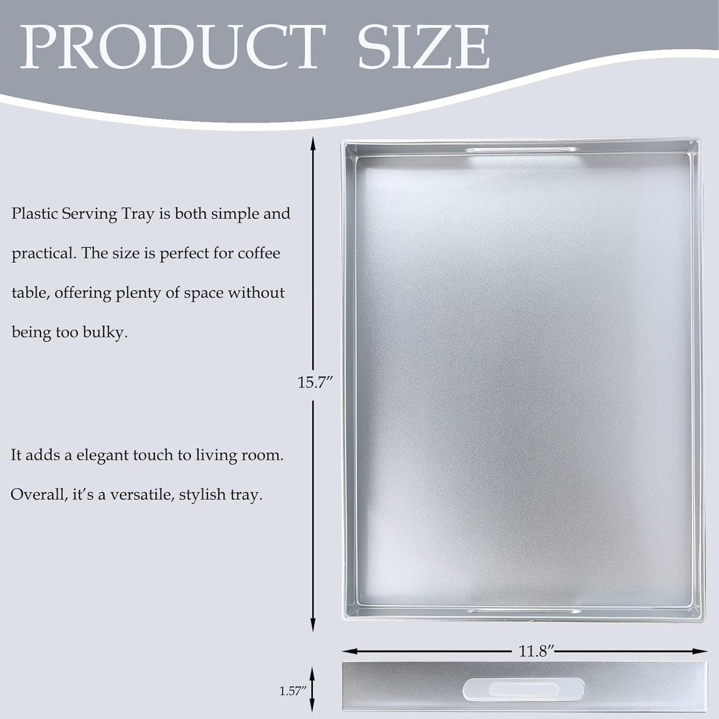 Spsyrine Silver Plastic Serving Tray for Ottoman, Coffee Table, Rectangle Decorative Tray for Entertaining, Outdoor, Living Room, Home Decor